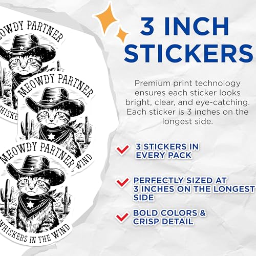(3 Pack) Cat Cowboy Decals - Meowdy Partner - Western Kitty Laptop Decal - 3 Inches On Longest Side - Easy Peel & Apply - Made in USA - 3MCS2215