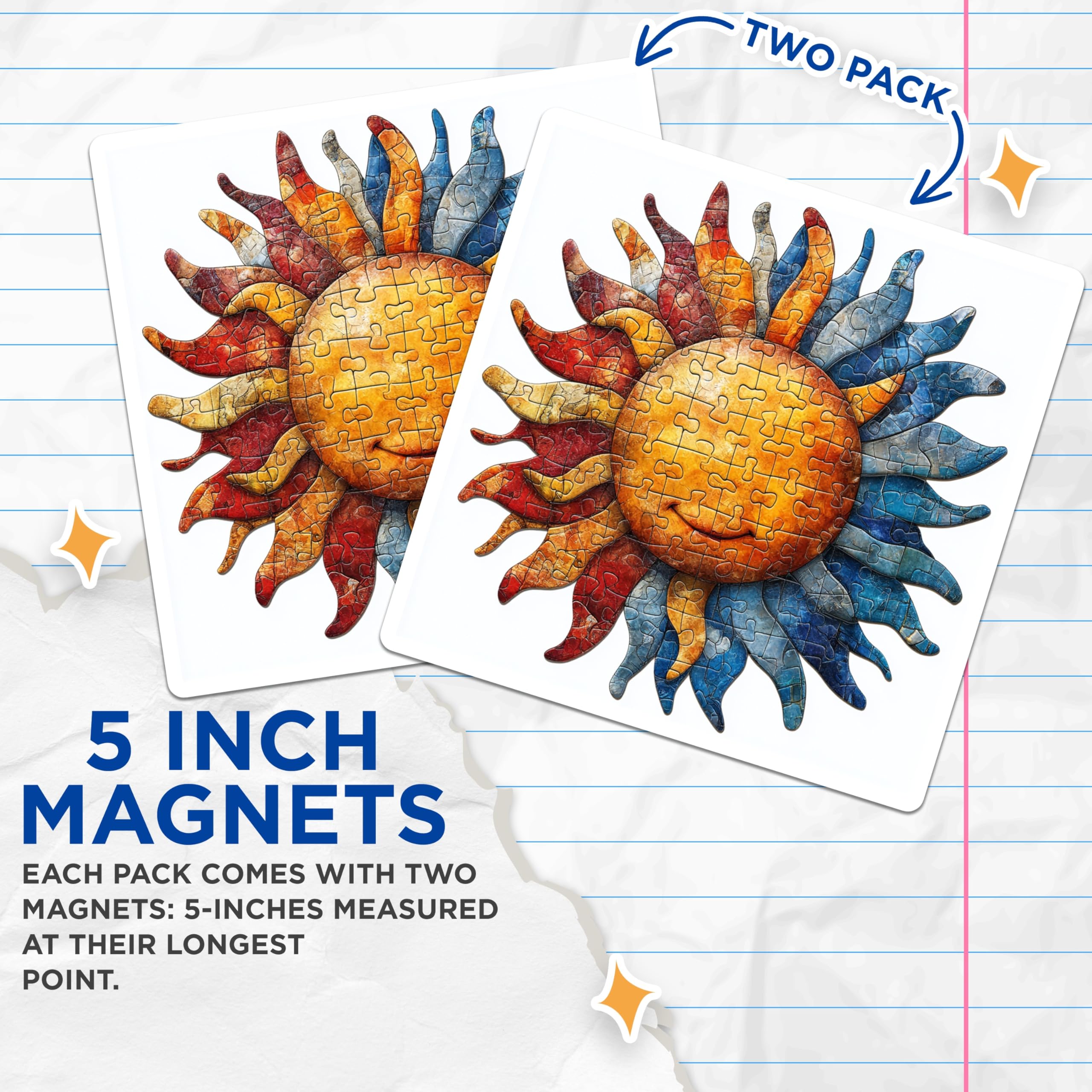 (2 Pack) Puzzle Sun Magnets - Artistic Jigsaw Decor - Whimsical Refrigerator Ornament - 5 Inches On Longest Side - Thick Durable Magnet - Made in USA - MAG23817