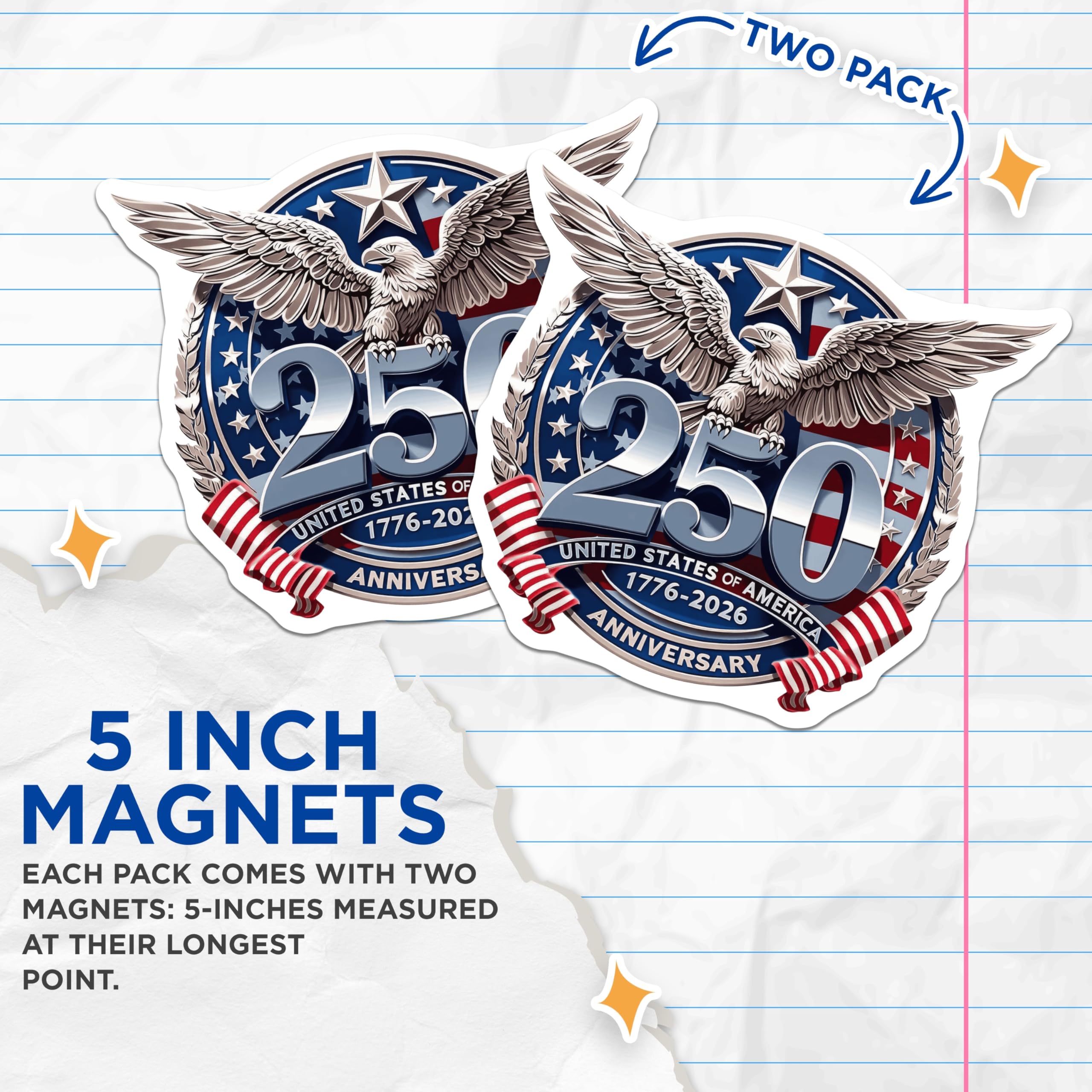 (2 Pack) USA 250th Anniversary Magnets - Patriotic Eagle Emblem - American Heritage Souvenir - 5 Inches On Longest Side - Thick Durable Magnet - Made in USA - MAG27612