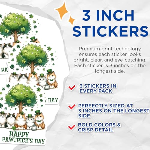 (3 Pack) St Patricks Day Cat Decals - Lucky Cats - Pawticks Day Decals - 3 Inches On Longest Side - Easy Peel & Apply - Made in USA - 3MCS6861