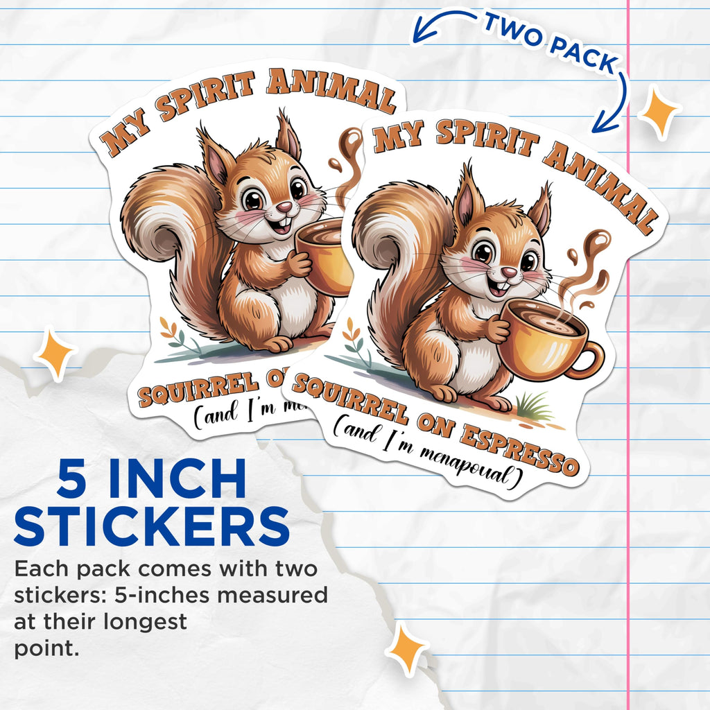 (2 Pack) Squirrel On Espresso Stickers - Funny Spirit Animal - Coffee Lover Decals - 5" On Longest Side - Sticks to Smooth Flat Surfaces - Made in USA - BMCS14017