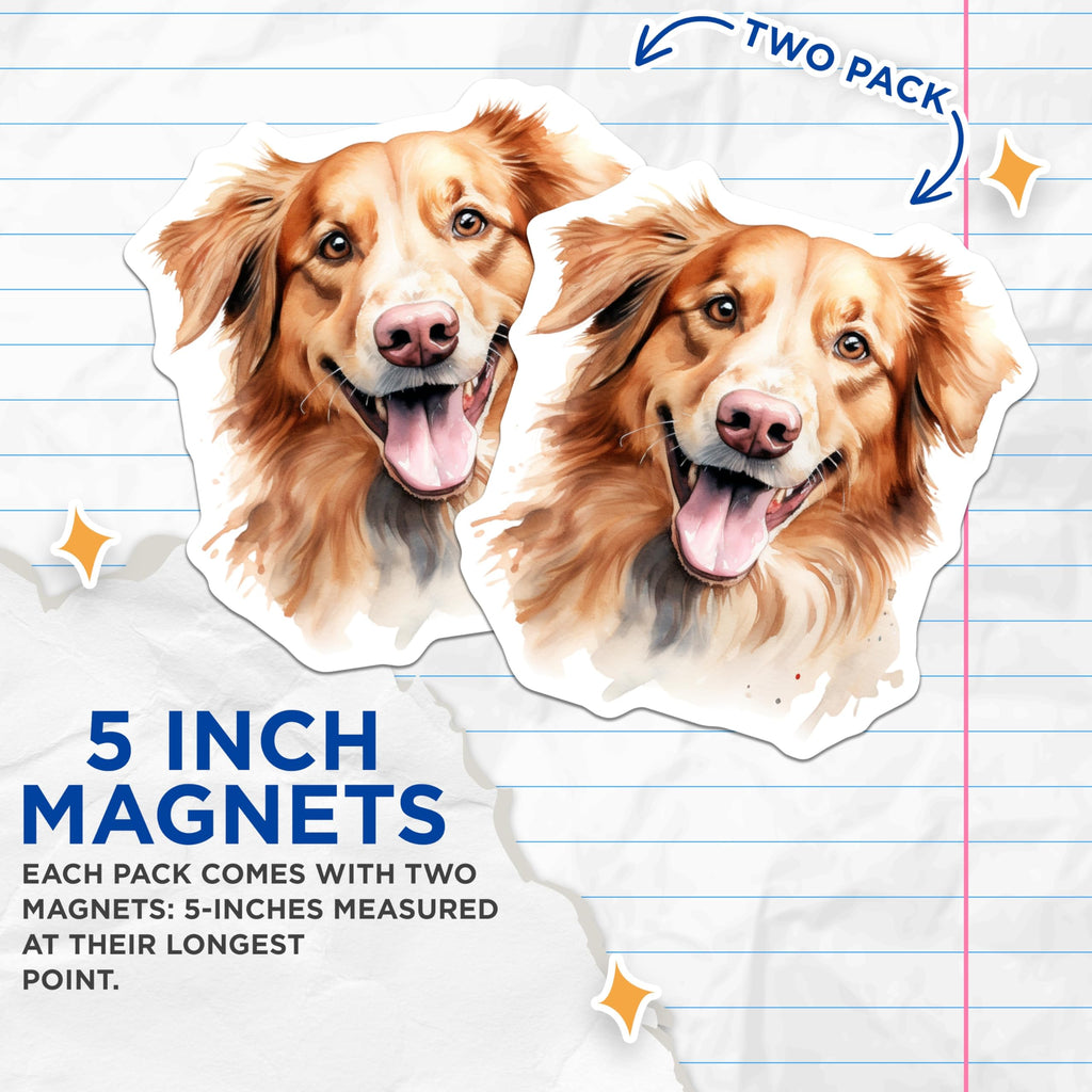 (2 Pack) Smiling Golden Retriever Magnets - Watercolor Dog Art - Pet Lover Kitchen Decor - 5 Inches On Longest Side - Thick Durable Magnet - Made in USA - MAG25883