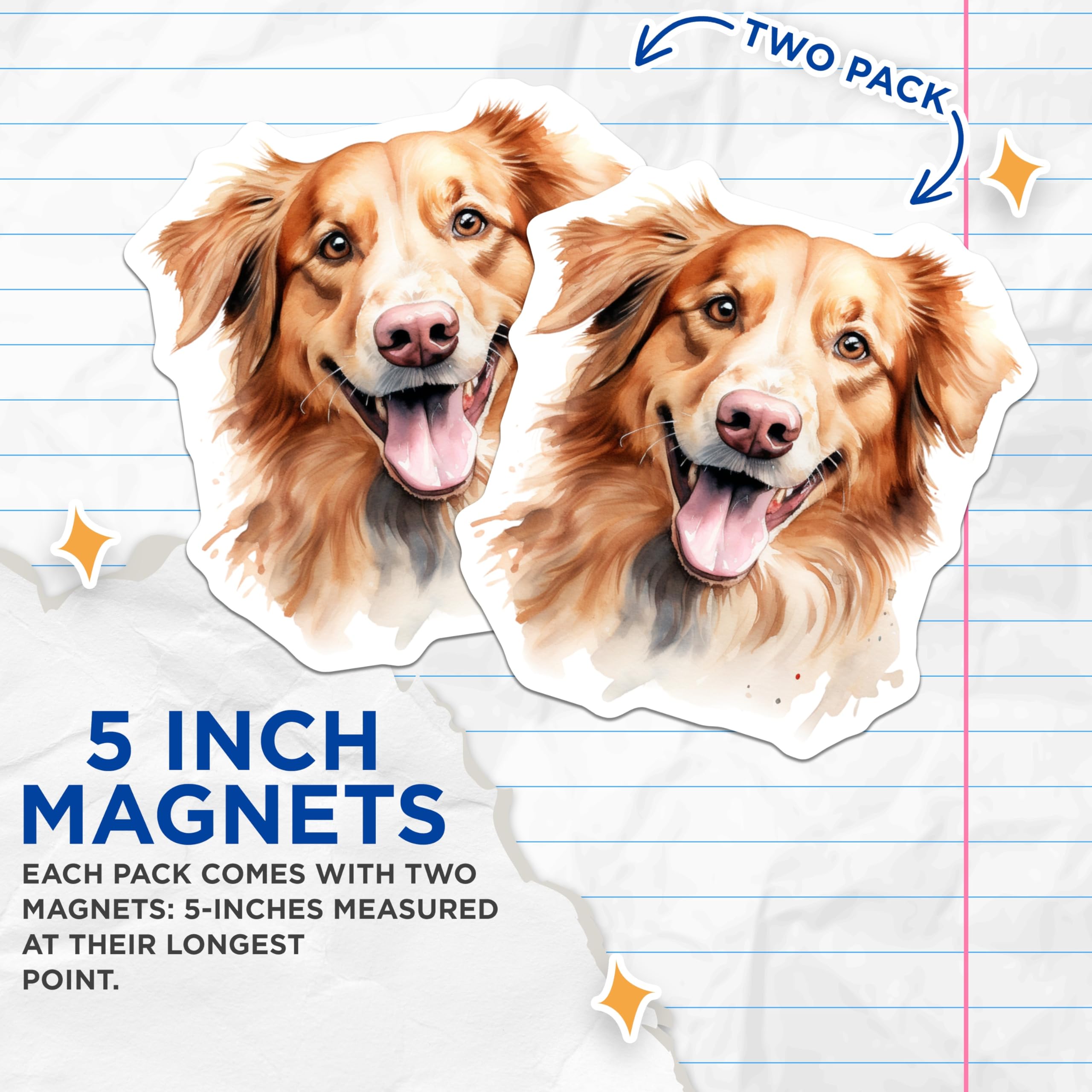 (2 Pack) Smiling Golden Retriever Magnets - Watercolor Dog Art - Pet Lover Kitchen Decor - 5 Inches On Longest Side - Thick Durable Magnet - Made in USA - MAG25883