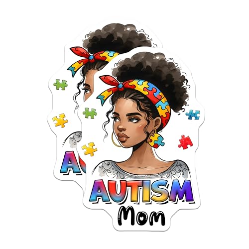 (2 Pack) Autism Mom Stickers - Awareness Decal - Puzzle Piece Art - 5" On Longest Side - Sticks to Smooth Flat Surfaces - Made in USA - BMCS8121