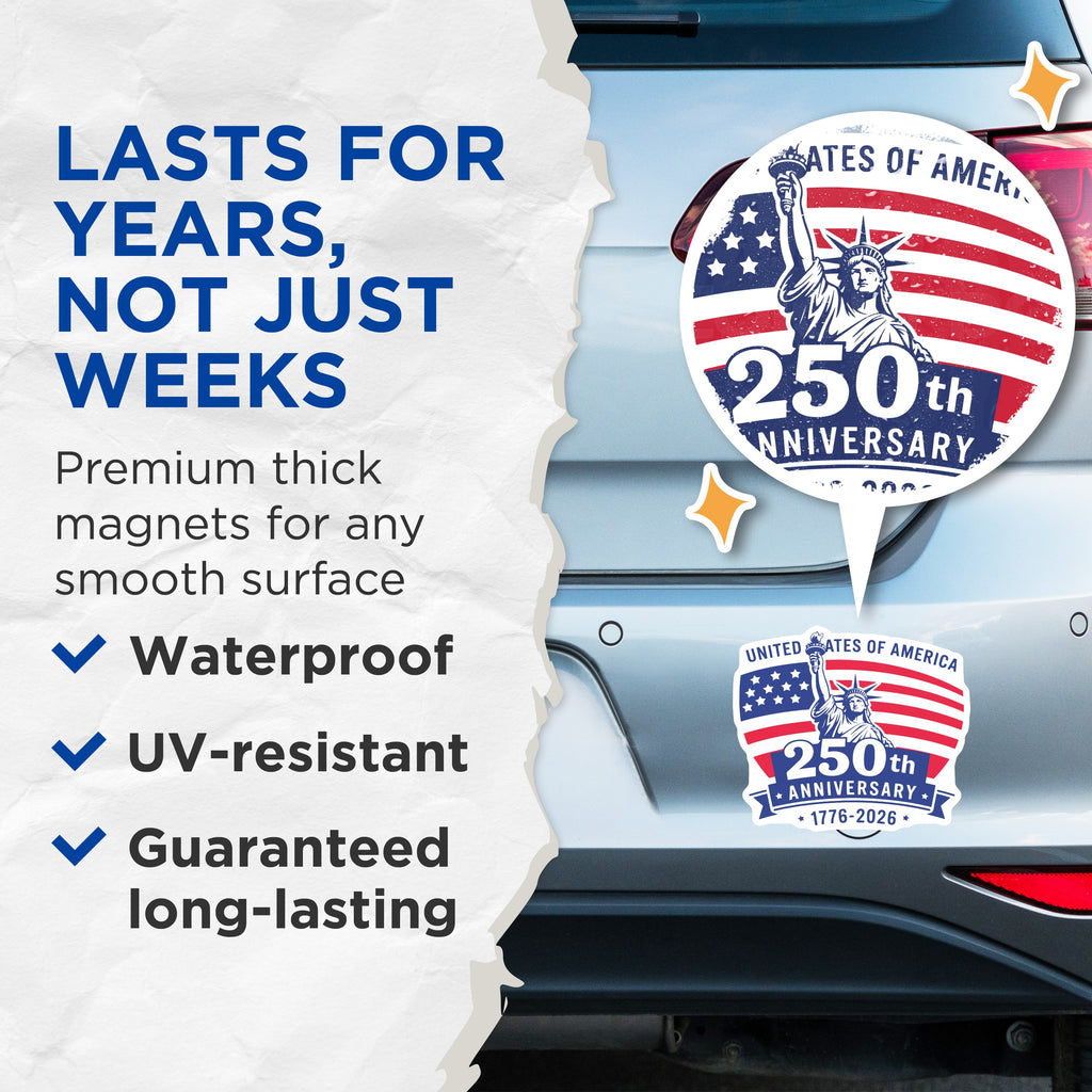 (2 Pack) 250th Anniversary USA Magnets - Patriotic American Decor - Statue of Liberty Flag - 5 Inches On Longest Side - Thick Durable Magnet - Made in USA - MAG38406
