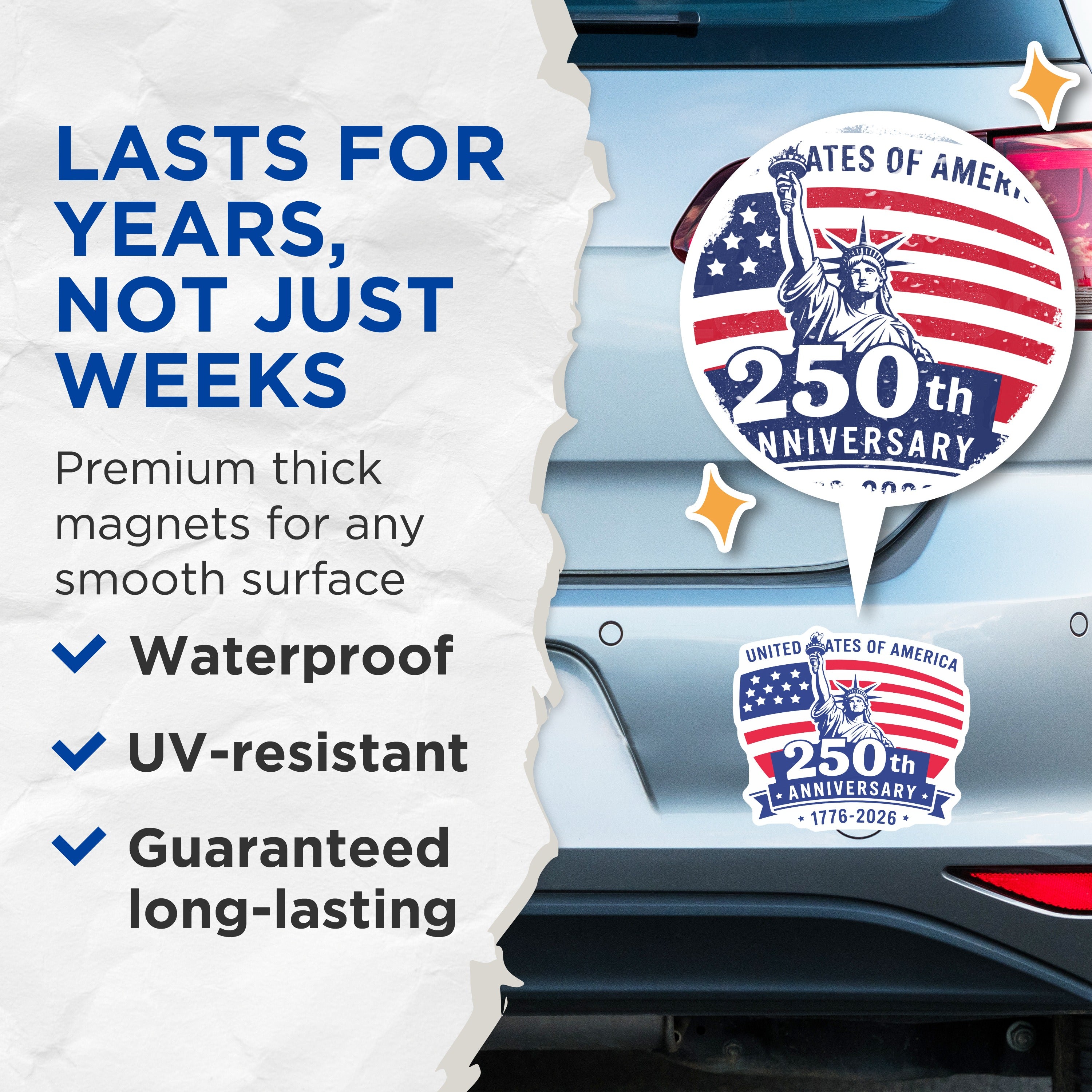 (2 Pack) 250th Anniversary USA Magnets - Patriotic American Decor - Statue of Liberty Flag - 5 Inches On Longest Side - Thick Durable Magnet - Made in USA - MAG38406