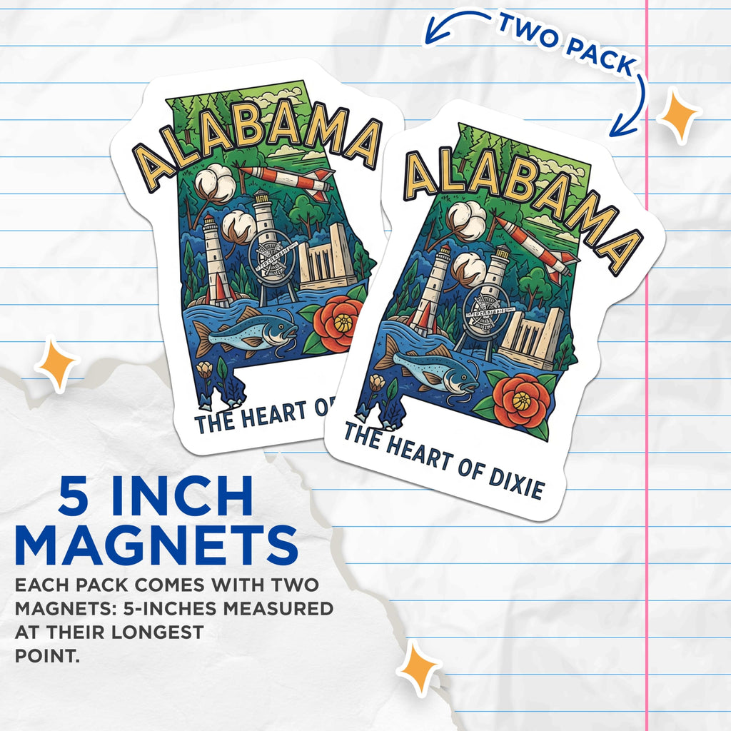 (2 Pack) Alabama State Magnets - Heart of Dixie Decor - Southern Pride Souvenirs - 5" On Longest Side - Premium Magnet - for Cars, Refrigerators, Toolboxes, Lockers - Made in USA - MAG14749