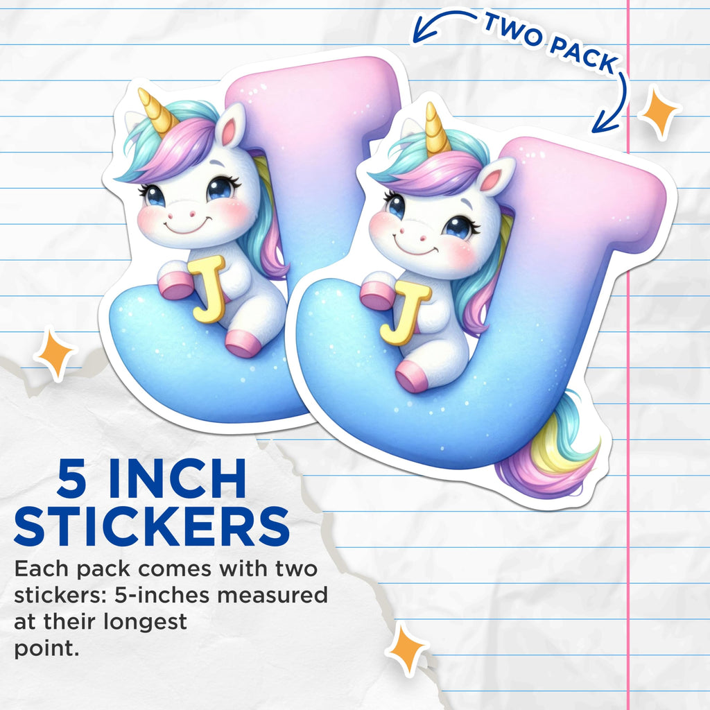 (2 Pack) Letter J Unicorn Stickers - Alphabet Initial Stickers - Cute Animal Stickers - 5" On Longest Side - Sticks to Smooth Flat Surfaces - Made in USA - BMCS14940