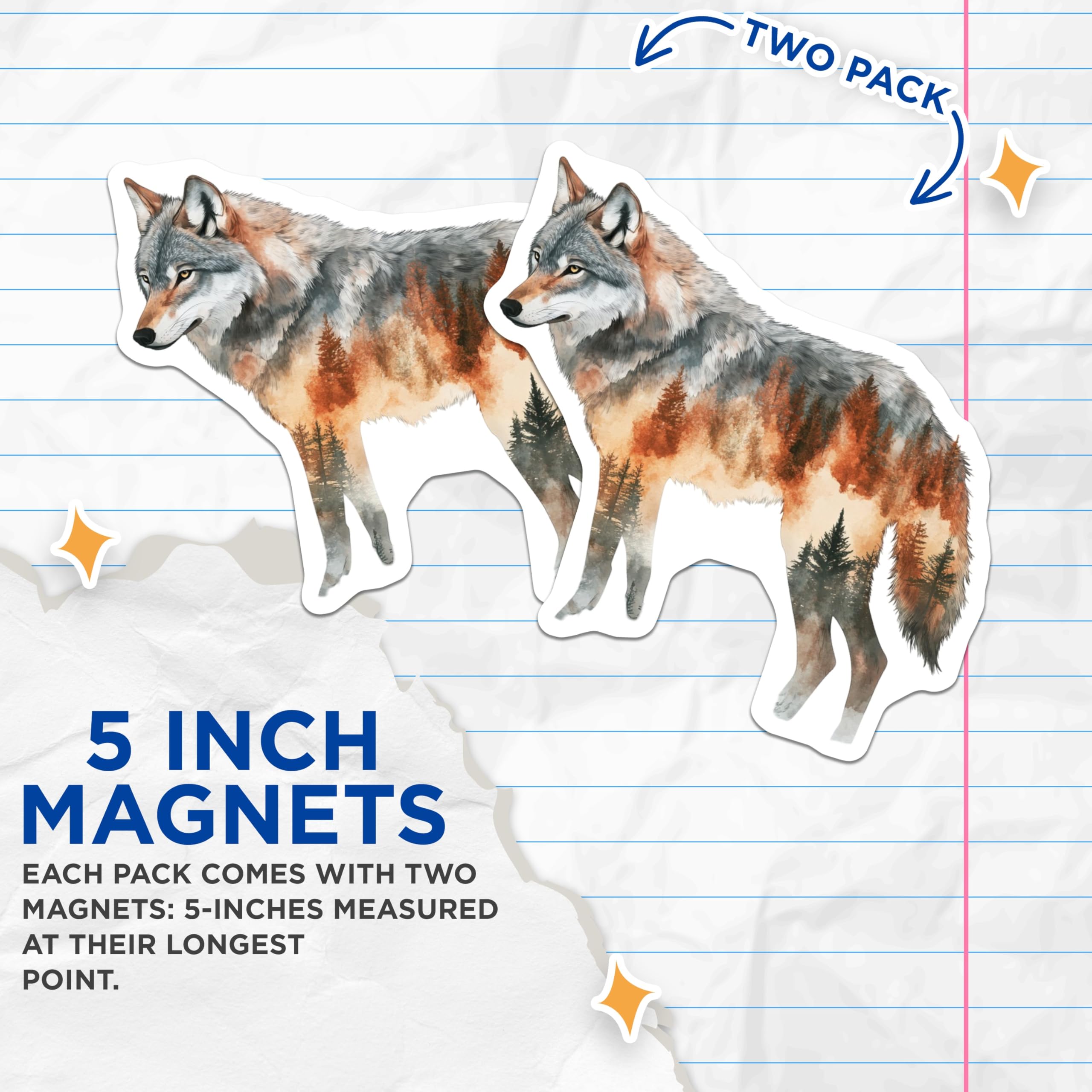 (2 Pack) Wolf Scene Magnets - Nature Art - Animal Lovers Fridge Decor - 5" On Longest Side - Premium Magnet - for Cars, Refrigerators, Toolboxes, Lockers - Made in USA - MAG15957