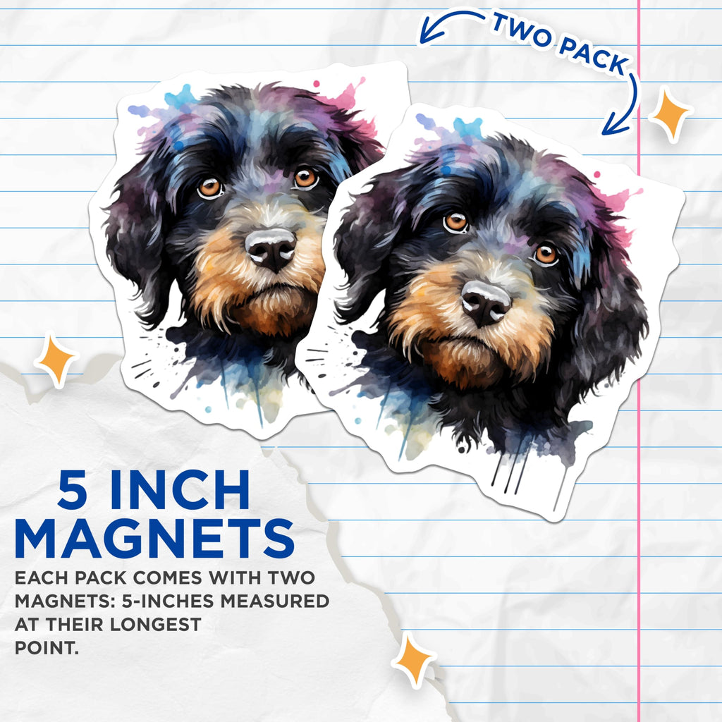 (2 Pack) Watercolor Doodle Dog Magnets - Shaggy Puppy Portrait - Dog Mom Fridge Accessory - 5 Inches On Longest Side - Thick Durable Magnet - Made in USA - MAG28212