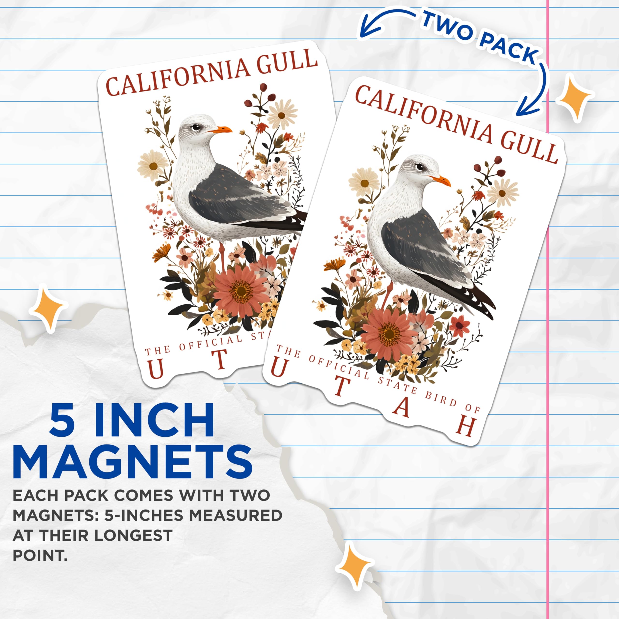 (2 Pack) California Gull Magnets - Utah State Bird Art - Floral Bird Illustration - 5" On Longest Side - Premium Magnet - for Cars, Refrigerators, Toolboxes, Lockers - Made in USA - MAG18112