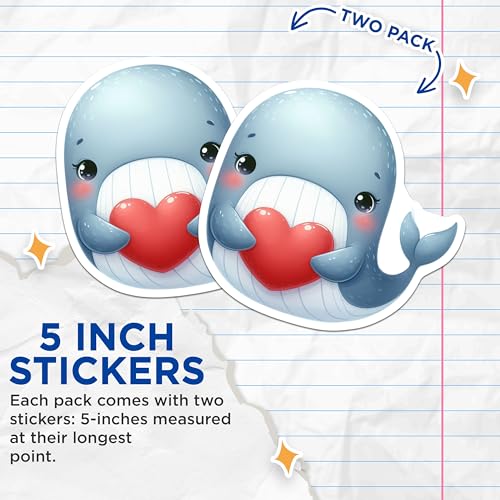 (2 Pack) Cute Whale Holding Heart Stickers - Adorable Animal Stickers - Ocean Theme Stickers for Kids and Adults - 5" On Longest Side - Sticks to Smooth Flat Surfaces - Made in USA - BMCS3639