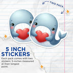 (2 Pack) Cute Whale Holding Heart Stickers - Adorable Animal Stickers - Ocean Theme Stickers for Kids and Adults - 5" On Longest Side - Sticks to Smooth Flat Surfaces - Made in USA - BMCS3639
