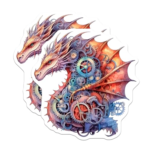 (2 Pack) Steampunk Dragon Stickers - Fantasy Mechanical Gear Stickers - Unique Dragon Art - 5" On Longest Side - Sticks to Smooth Flat Surfaces - Made in USA - BMCS4844