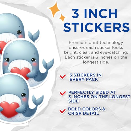 (3 Pack) Cute Whale Decals - Heart Decal - Laptop Decal - 3 Inches On Longest Side - Easy Peel & Apply - Made in USA - 3MCS2416