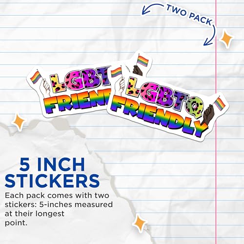 (2 Pack) LGBTQ Friendly Stickers - Rainbow Flag - Diversity Pride - 5" On Longest Side - Sticks to Smooth Flat Surfaces - Made in USA - BMCS8282
