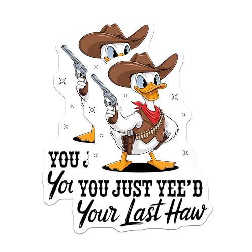 (2 Pack) Funny Duck Stickers - Cowboy Duck Decals - You Just Yee'd Your Last Haw Stickers - 5" On Longest Side - Sticks to Smooth Flat Surfaces - Made in USA - BMCS4971
