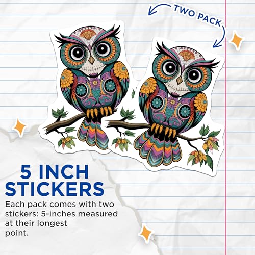 (2 Pack) Owl Mandala Animal Stickers - Colorful Decorative Nature Stickers - Bohemian Art Sticker Pack - 5" On Longest Side - Sticks to Smooth Flat Surfaces - Made in USA - BMCS9465