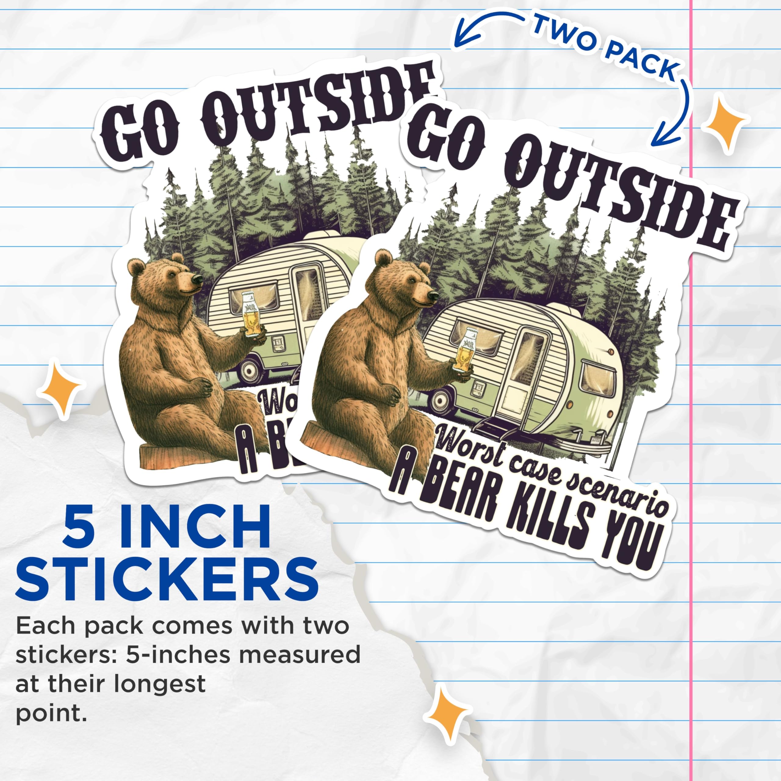 (2 Packs) Go Outside Worst Case Scenario A Bear Kills You Stickers - Nature Outdoors Decals - 5" On Longest Side - Premium Vinyl Decal - Sticks to Any Smooth Flat Surface - Made in USA - BMCS2393