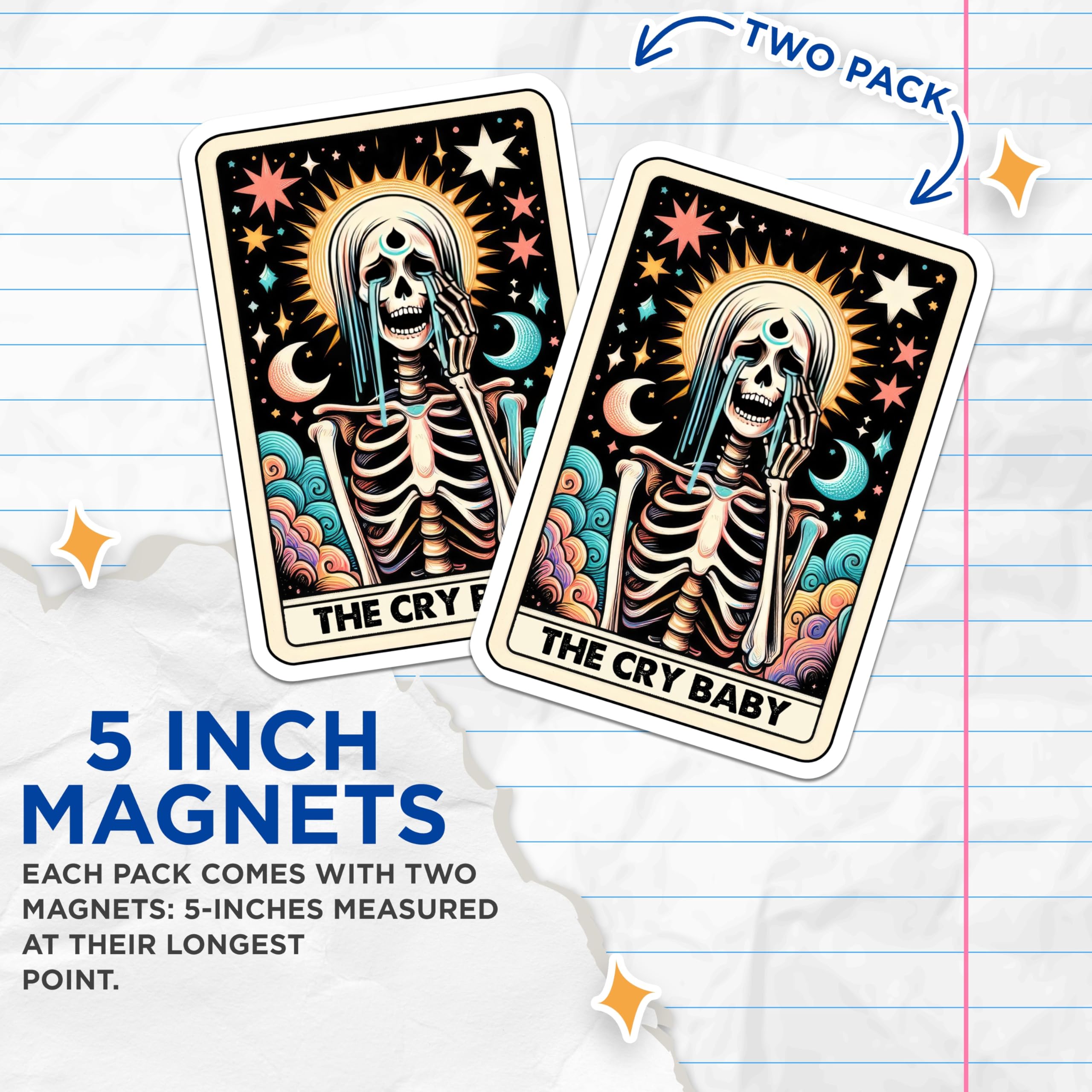 (2 Pack) Cry Baby Skeleton Magnets - Tarot Card Art - Celestial Goth Decor - Emotional Support Magnet - 5 Inches On Longest Side - Thick Durable Magnet - Made in USA - MAG26239
