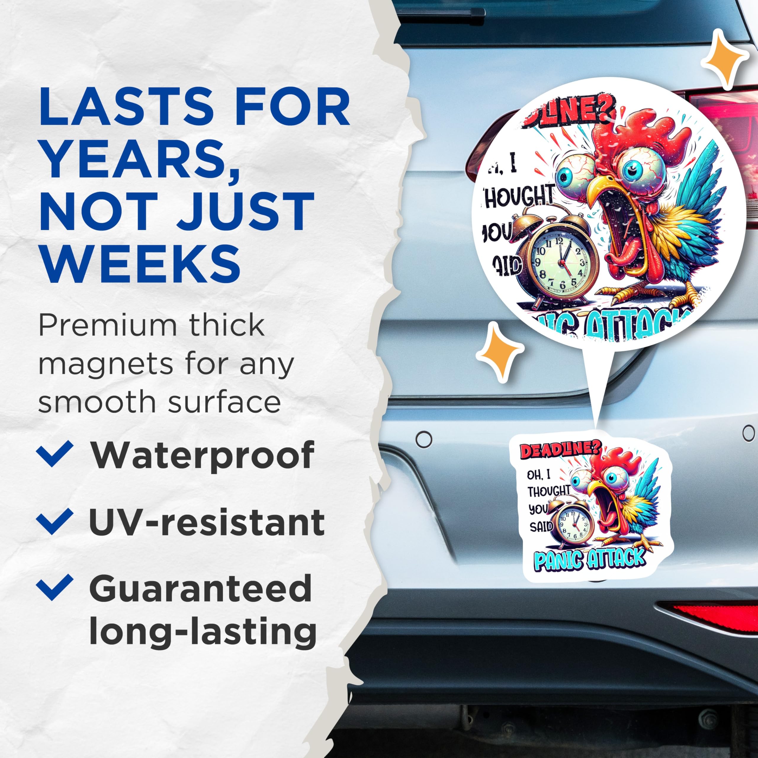 (2 Pack) Panic Attack Rooster Magnets - Funny Deadline Stress Humor - Work Anxiety Relief - Office Locker Refrigerator Art - 5 Inches On Longest Side - Thick Durable Magnet - Made in USA - MAG20994