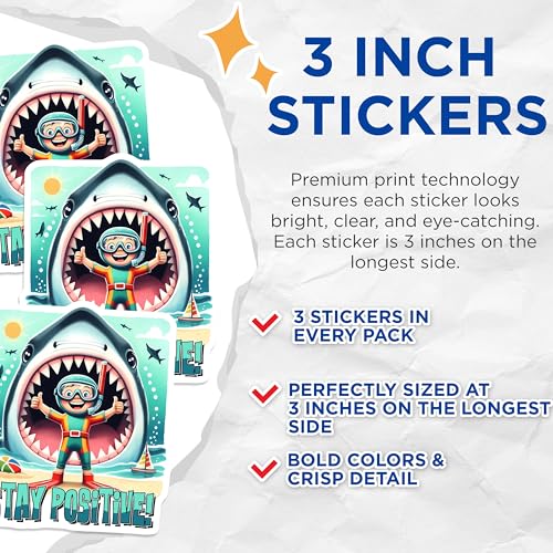 (3 Pack) Shark Attack Decals - Stay Positive - Scuba Diving Decal - 3 Inches On Longest Side - Easy Peel & Apply - Made in USA - 3MCS8446