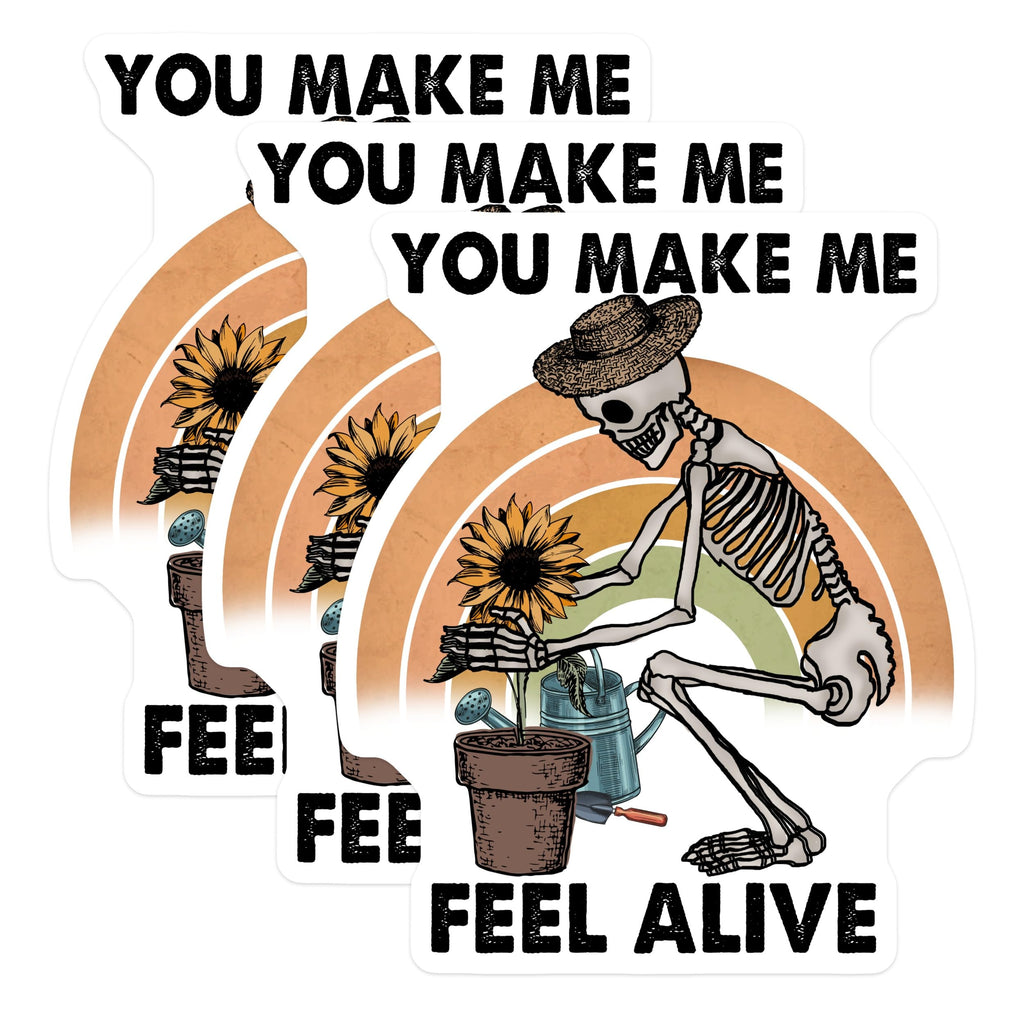 (3 Pack) Skeleton Gardener Decals - Sunflower Decals - You Make Me Feel Alive Stickers - 3 Inches On Longest Side - Easy Peel & Apply - Made in USA - 3MCS2943