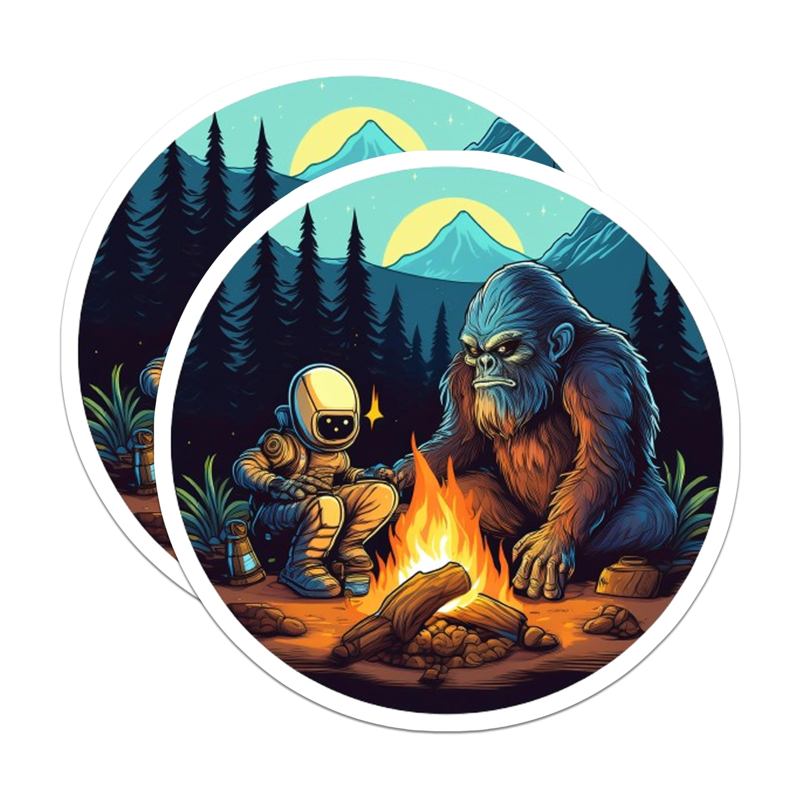 (2 Pack) Bigfoot Astronaut Magnets - Campfire Forest Scene - Mythical Sci-Fi Art - 5 Inches On Longest Side - Thick Durable Magnet - Made in USA - MAG22634