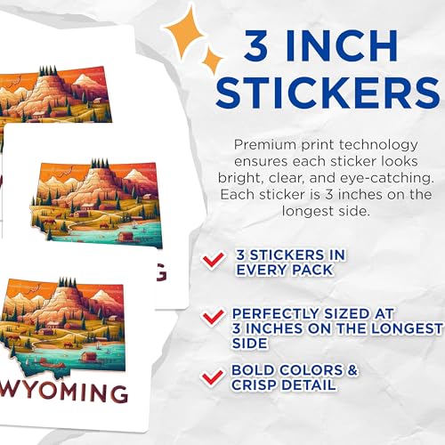(3 Pack) Wyoming Decals - State Outline Art - Travel Souvenir Stickers - 3 Inches On Longest Side - Easy Peel & Apply - Made in USA - 3MCS4335