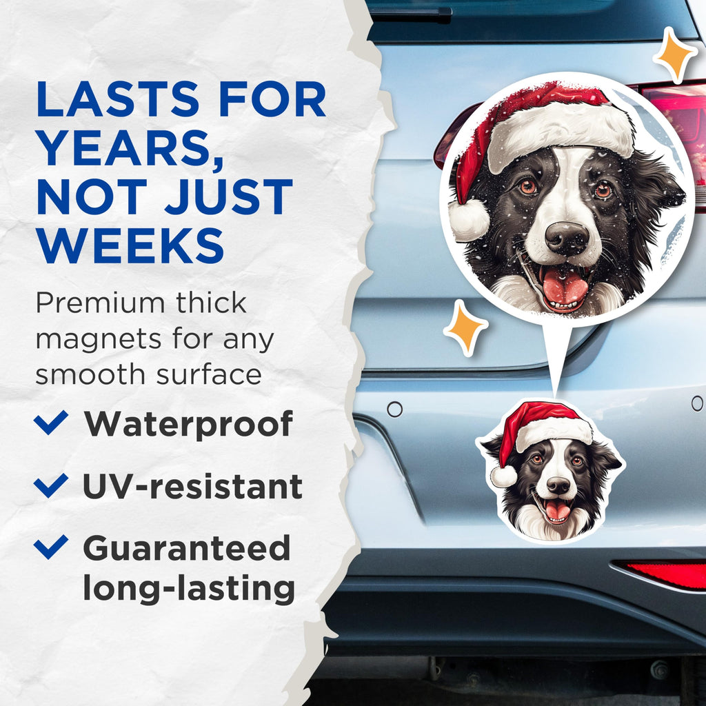(2 Pack) Christmas Border Collie Magnets - Santa Hat Dog Fridge Decor - Holiday Pet Lover Accent - 5 Inches On Longest Side - Thick Durable Magnet - Made in USA - MAG25156