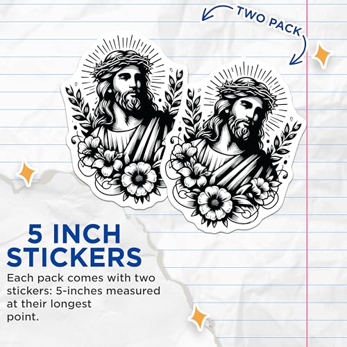 (2 Pack) Religious Jesus Stickers - Faith Vinyl Decals - Inspirational Art - 5" On Longest Side - Sticks to Smooth Flat Surfaces - Made in USA - BMCS7319