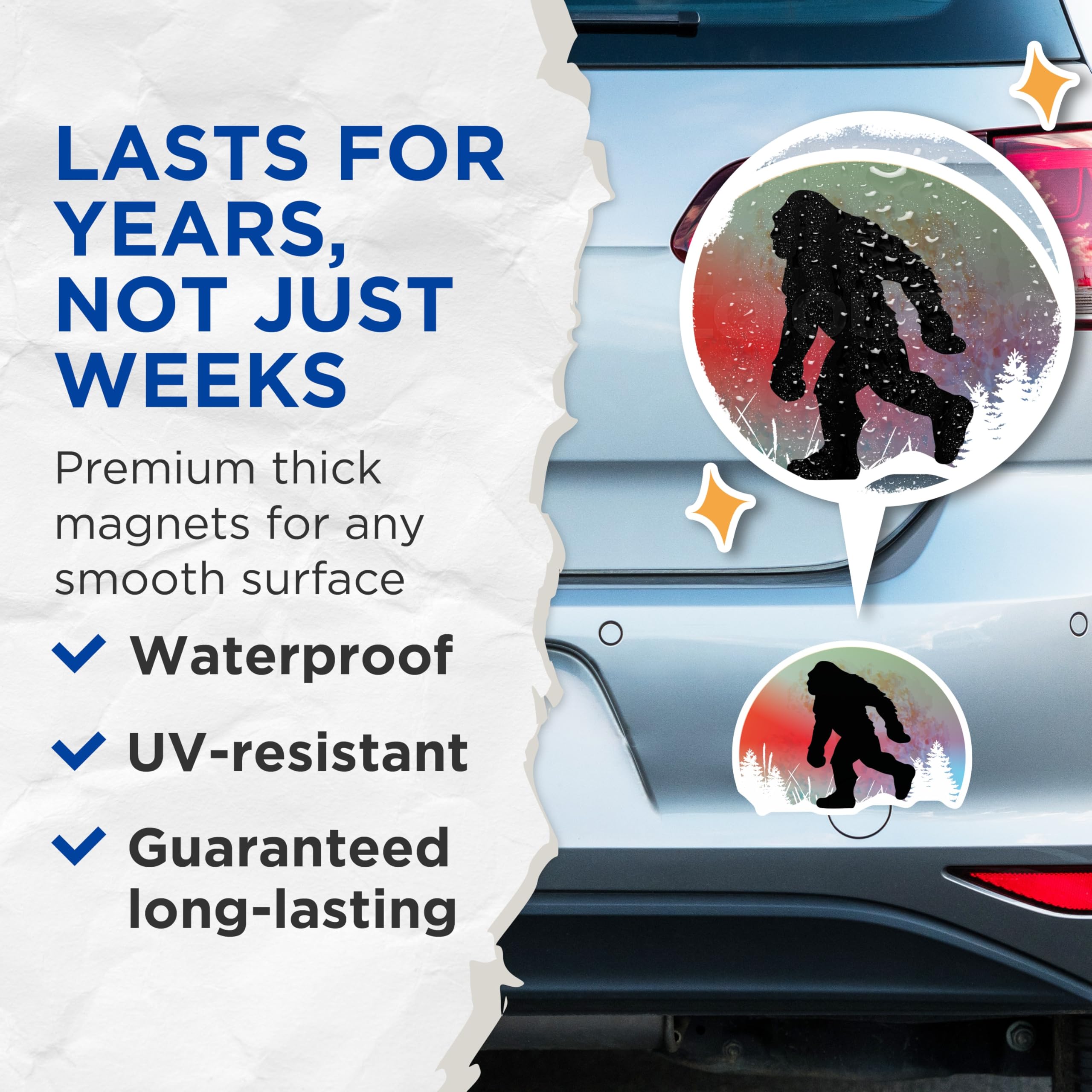 (2 Pack) Bigfoot Magnets - Sasquatch Forest Decor - Cryptid Creature Refrigerator Art - 5 Inches On Longest Side - Thick Durable Magnet - Made in USA - MAG20489