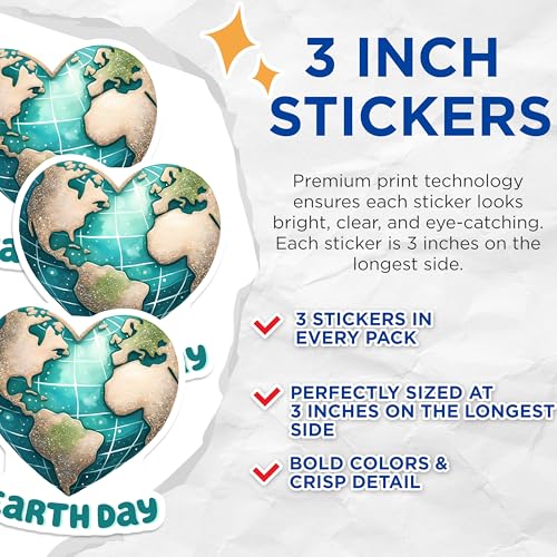 (3 Pack) Earth Day Decals - Heart Shaped Earth - Laptop Decals - 3 Inches On Longest Side - Easy Peel & Apply - Made in USA - 3MCS8511