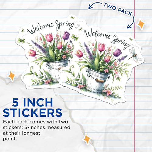 (2 Pack) Welcome Spring Stickers - Floral Bouquet - Watercolor Art - Nature Pack - 5" On Longest Side - Sticks to Smooth Flat Surfaces - Made in USA - BMCS7996