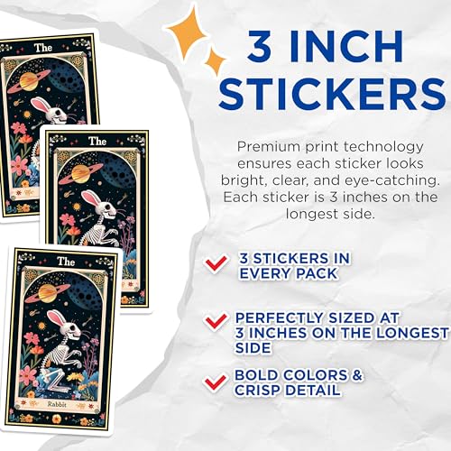 (3 Pack) Rabbit Tarot Decals - Skeleton Bunny Sticker - Celestial Laptop Decal - 3 Inches On Longest Side - Easy Peel & Apply - Made in USA - 3MCS2405