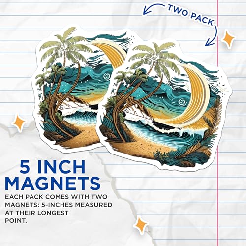 (2 Pack) Tropical Moon Beach Magnets Magnets - Palm Tree Ocean - Surf Seaside Scenery - 5" On Longest Side - Made in USA - Sticks to Refrigerators & Metal Surfaces - MAG9266