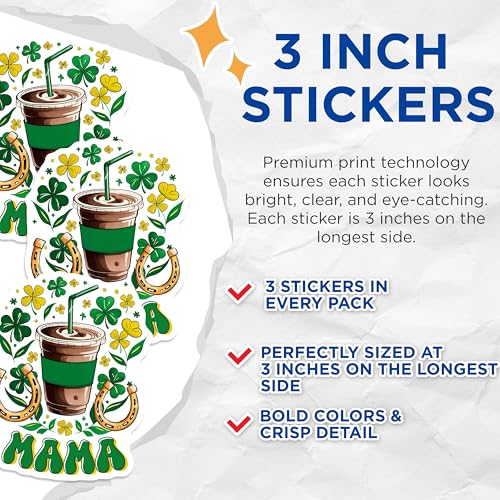 (3 Pack) Saint Patricks Mama Decals - Lucky Four Leaf Clover - Coffee Decals - 3 Inches On Longest Side - Easy Peel & Apply - Made in USA - 3MCS7166