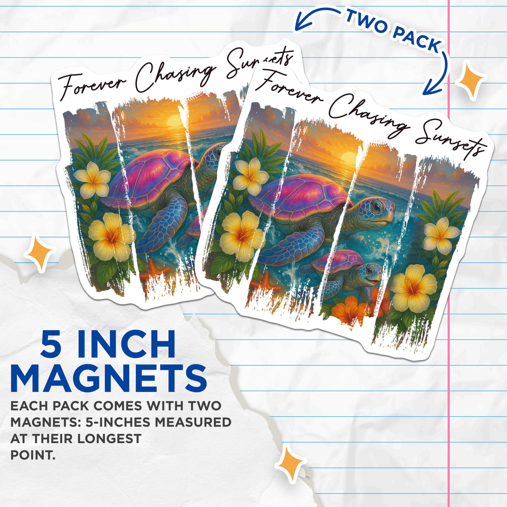 (2 Pack) Sea Turtle Magnets - Ocean Sunset Decor - Coastal Aesthetic Art - 5 Inches On Longest Side - Thick Durable Magnet - Made in USA - MAG39077