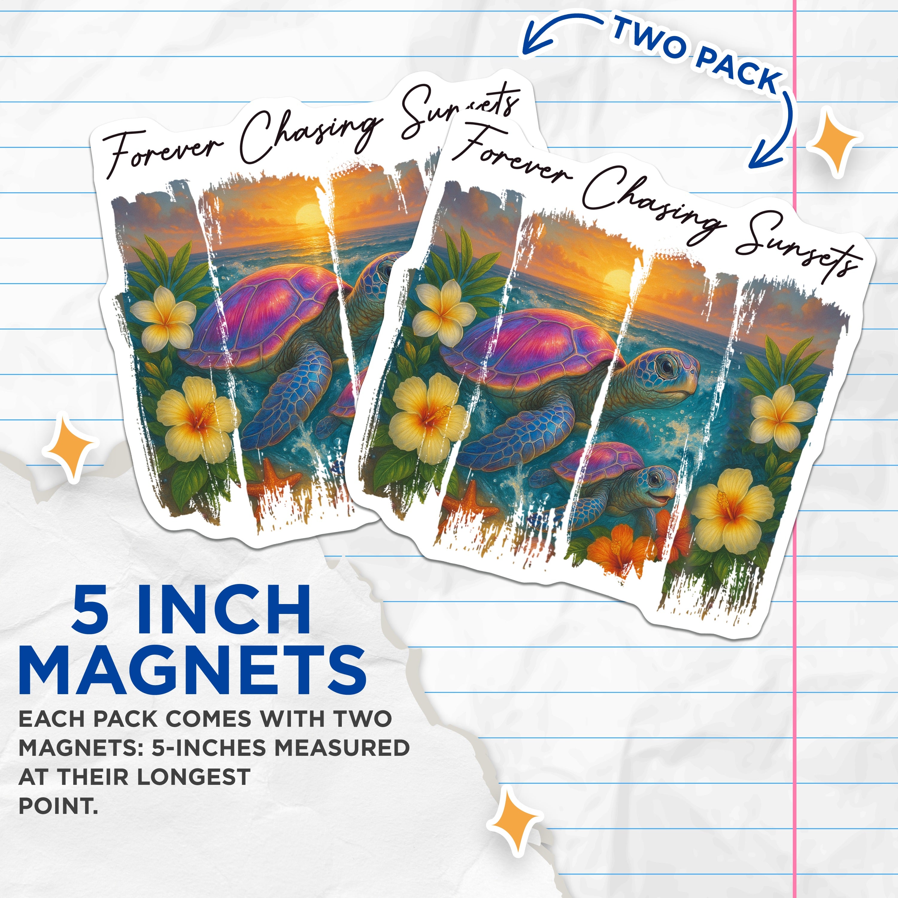 (2 Pack) Sea Turtle Magnets - Ocean Sunset Decor - Coastal Aesthetic Art - 5 Inches On Longest Side - Thick Durable Magnet - Made in USA - MAG39077