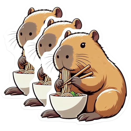 (3 Pack) Capybara Decals - Eating Noodles - Cute Animal Stickers - 3 Inches On Longest Side - Easy Peel & Apply - Made in USA - 3MCS8684