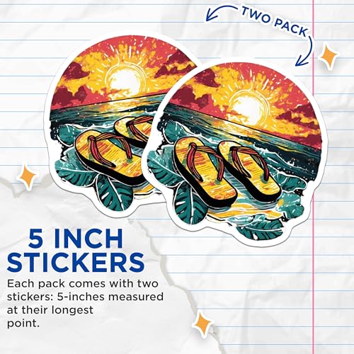 (2 Pack) Sunset Beach Flip Flops Stickers - Tropical Beach Vibes - Summer Travel Art - 5" On Longest Side - Sticks to Smooth Flat Surfaces - Made in USA - BMCS9321