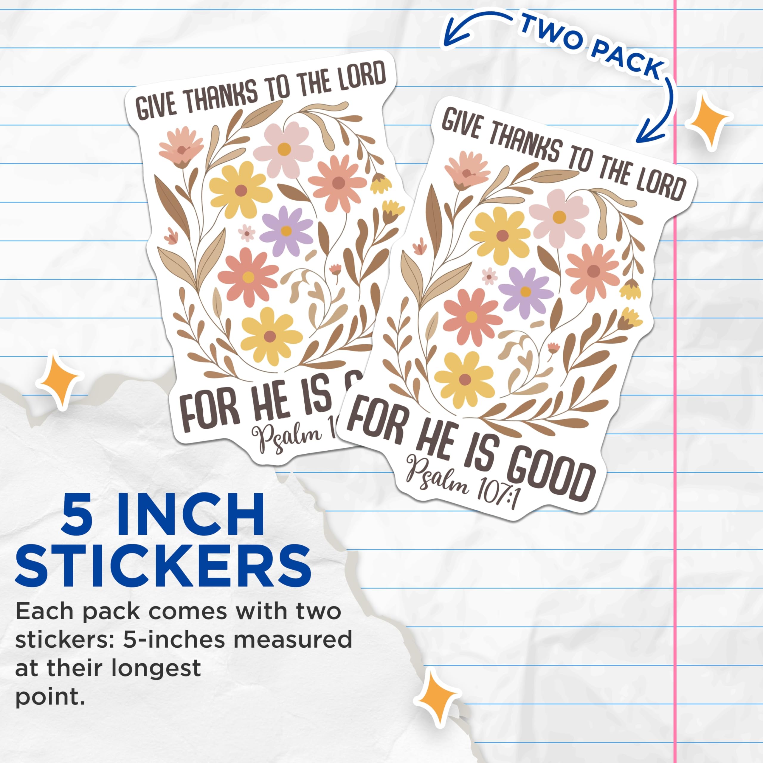 (2 Pack) Floral Christian Stickers - Give Thanks Sticker - Psalm 107 1 Bible Verse Sticker - 5" On Longest Side - Sticks to Smooth Flat Surfaces - Made in USA - BMCS17060