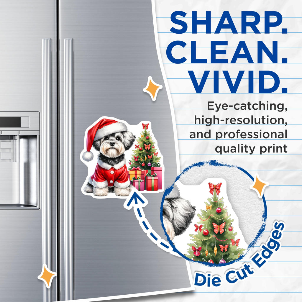 (2 Pack) Cute Fluffy Dog Christmas Magnets - Santa Puppy Holiday Decor - Festive Pet Refrigerator Accessory - 5 Inches On Longest Side - Thick Durable Magnet - Made in USA - MAG26585