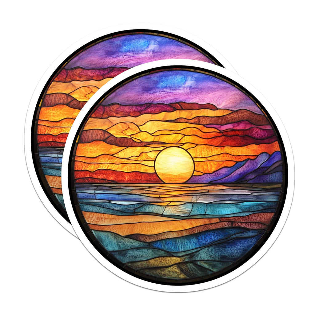 (2 Pack) Stained Glass Sunset Magnets - Vibrant Ocean Horizon Decor - Artistic Boho Kitchen Decor Accent - 5 Inches On Longest Side - Thick Durable Magnet - Made in USA - MAG25833