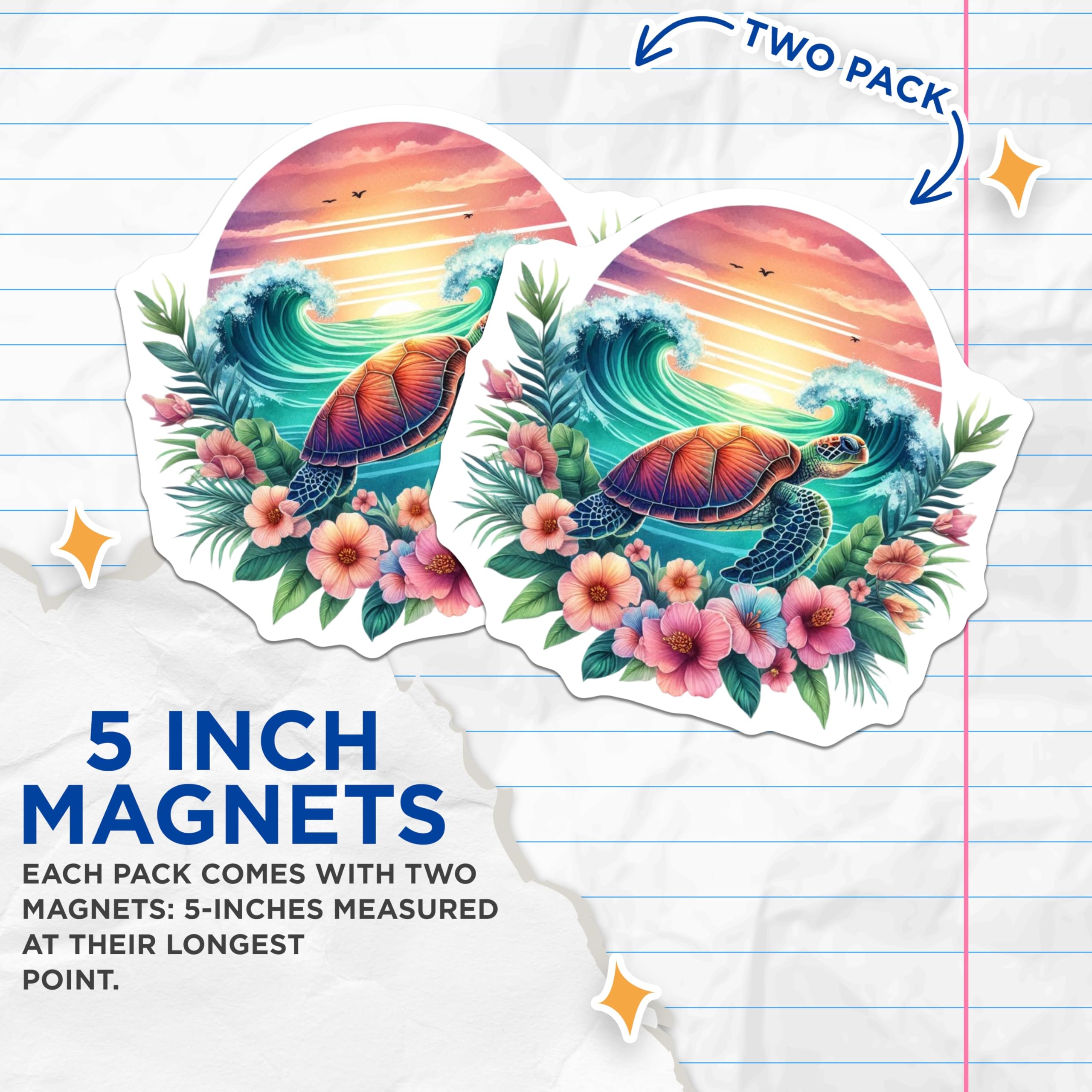 (2 Pack) Sea Turtle Magnets - Ocean Sunset Art - Tropical Floral Beach Decor - 5 Inches On Longest Side - Thick Durable Magnet - Made in USA - MAG23032