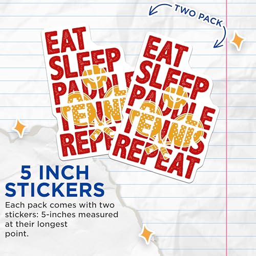 (2 Pack) Eat Sleep Paddle Tennis Repeat Stickers - Sports Enthusiast Stickers - Outdoor Activity Fun Decals - 5" On Longest Side - Sticks to Smooth Flat Surfaces - Made in USA - BMCS4857
