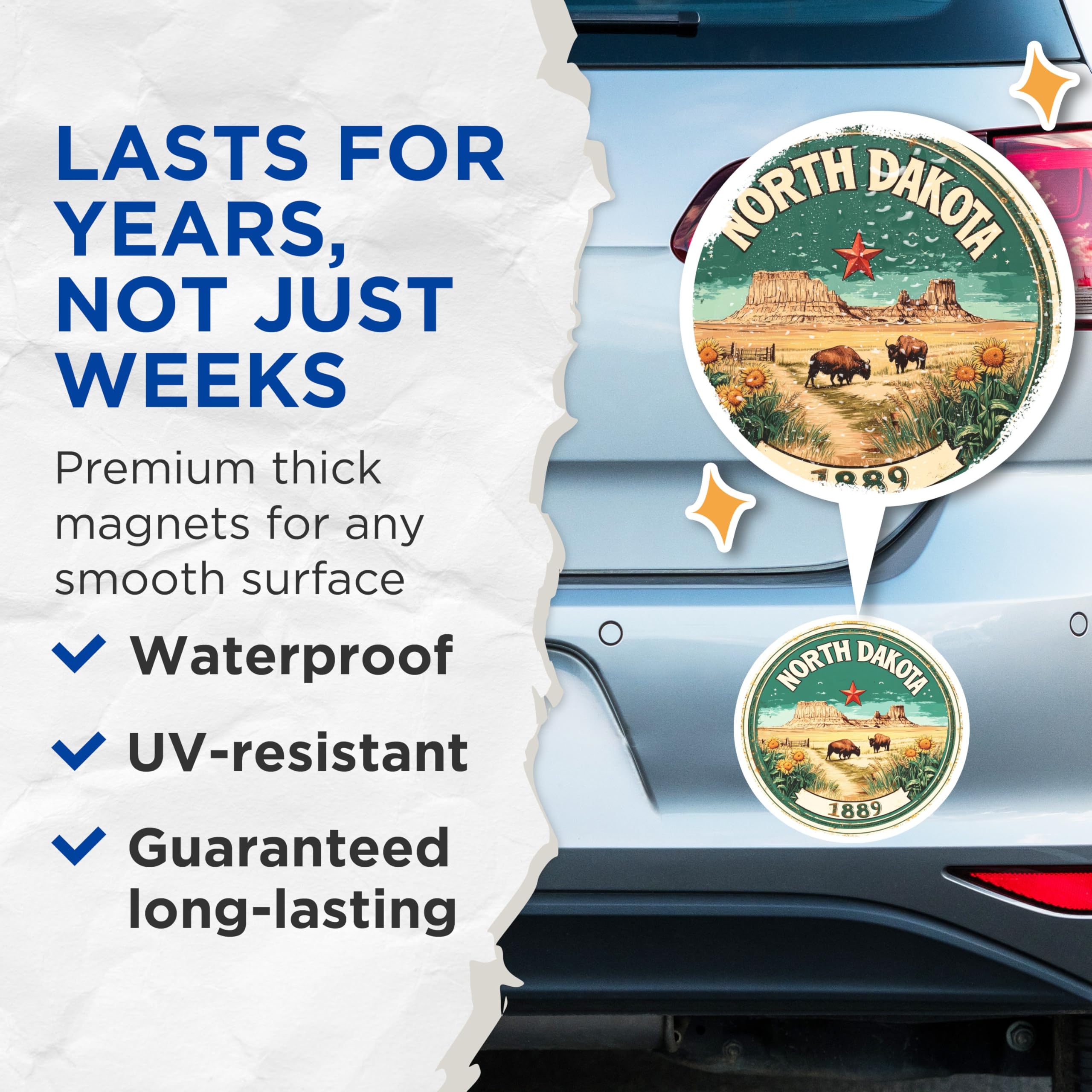 (2 Pack) North Dakota Magnets - Bison Sunflowers - State Seal Fridge Magnets - 5" On Longest Side - Premium Magnet - for Cars, Refrigerators, Toolboxes, Lockers - Made in USA - MAG14588