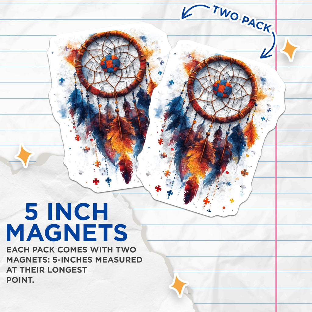 (2 Pack) Dream Catcher Magnets - Vibrant Watercolor Puzzle Art - Boho Spiritual Design - Artistic Kitchen Decor and Lockers - 5 Inches On Longest Side - Thick Durable Magnet - Made in USA - MAG24887