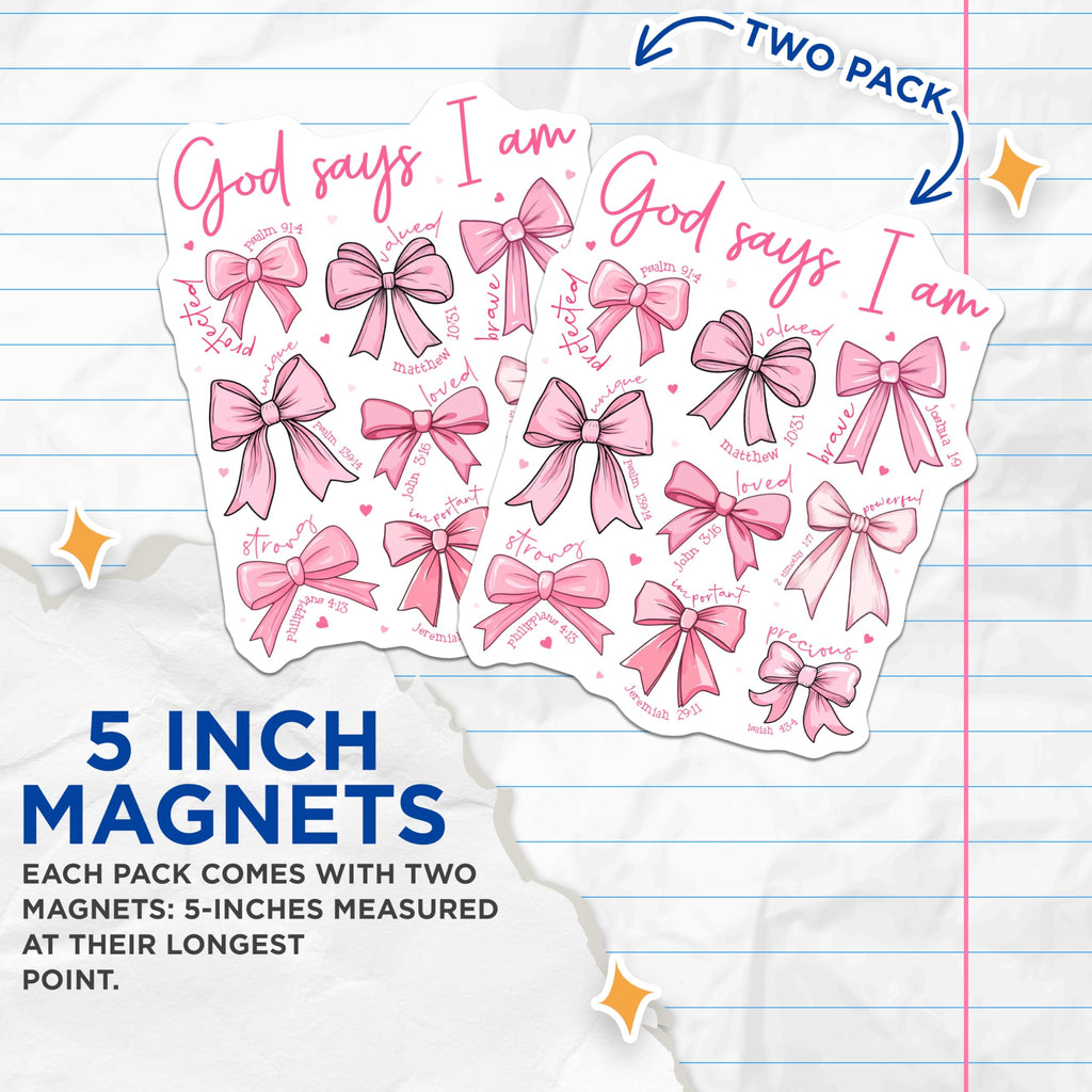 (2 Pack) God Says I Am Magnets - Christian Scripture Affirmations - Inspirational Bible Verse Decor for Girls - 5 Inches On Longest Side - Thick Durable Magnet - Made in USA - MAG30302