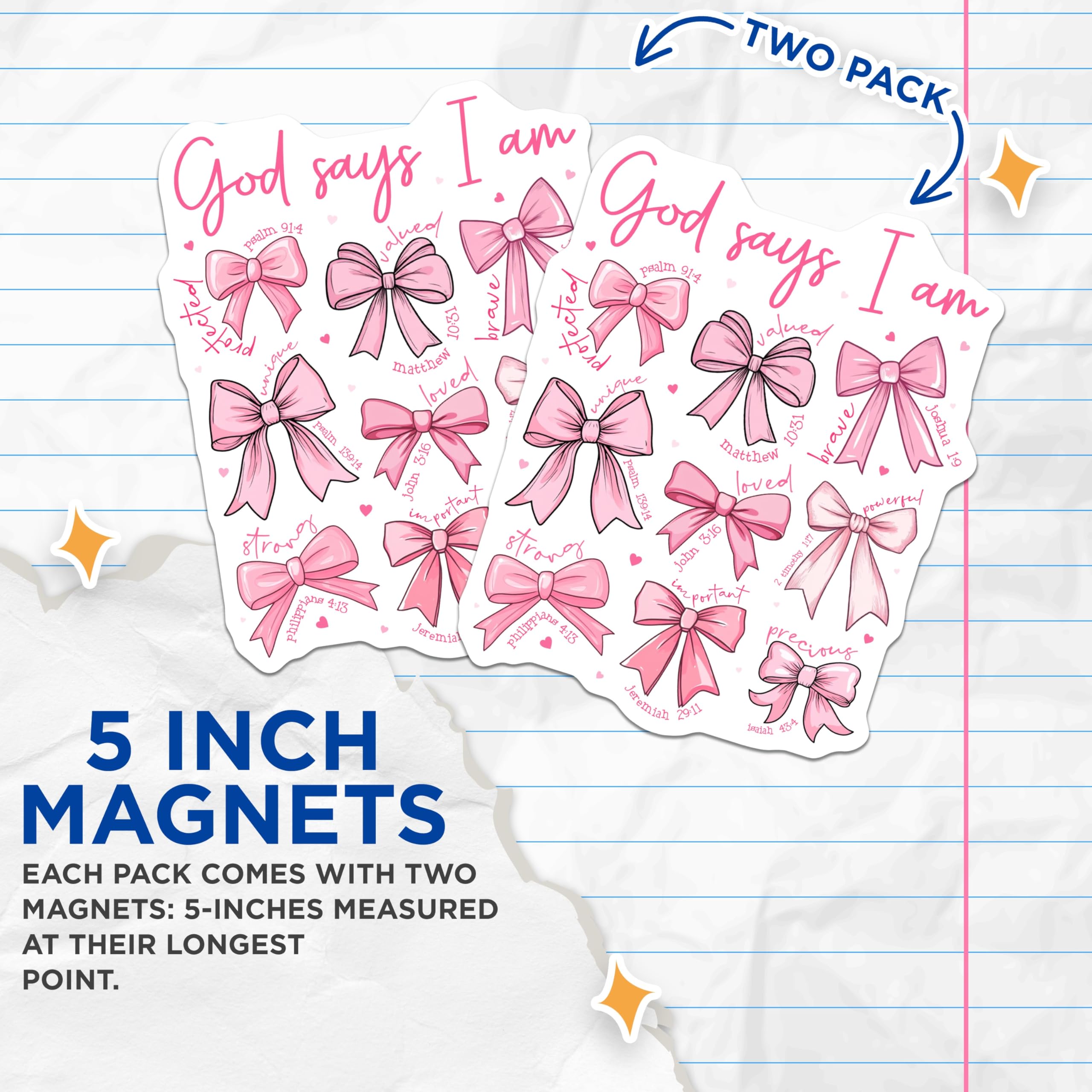 (2 Pack) God Says I Am Magnets - Christian Scripture Affirmations - Inspirational Bible Verse Decor for Girls - 5 Inches On Longest Side - Thick Durable Magnet - Made in USA - MAG30302